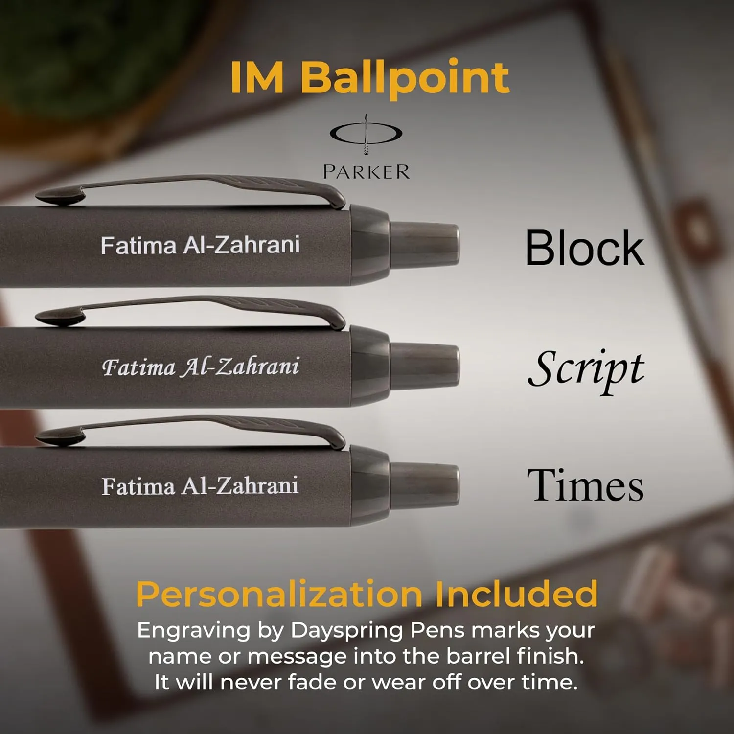 Dayspring Pens Personalized Parker IM Ballpoint Pen – Monochrome Titanium with Gun Metal Accents | Luxury Engraved Pen with Custom Engraving | Customized Pens Gift for Men, Women, Students, Black Ink