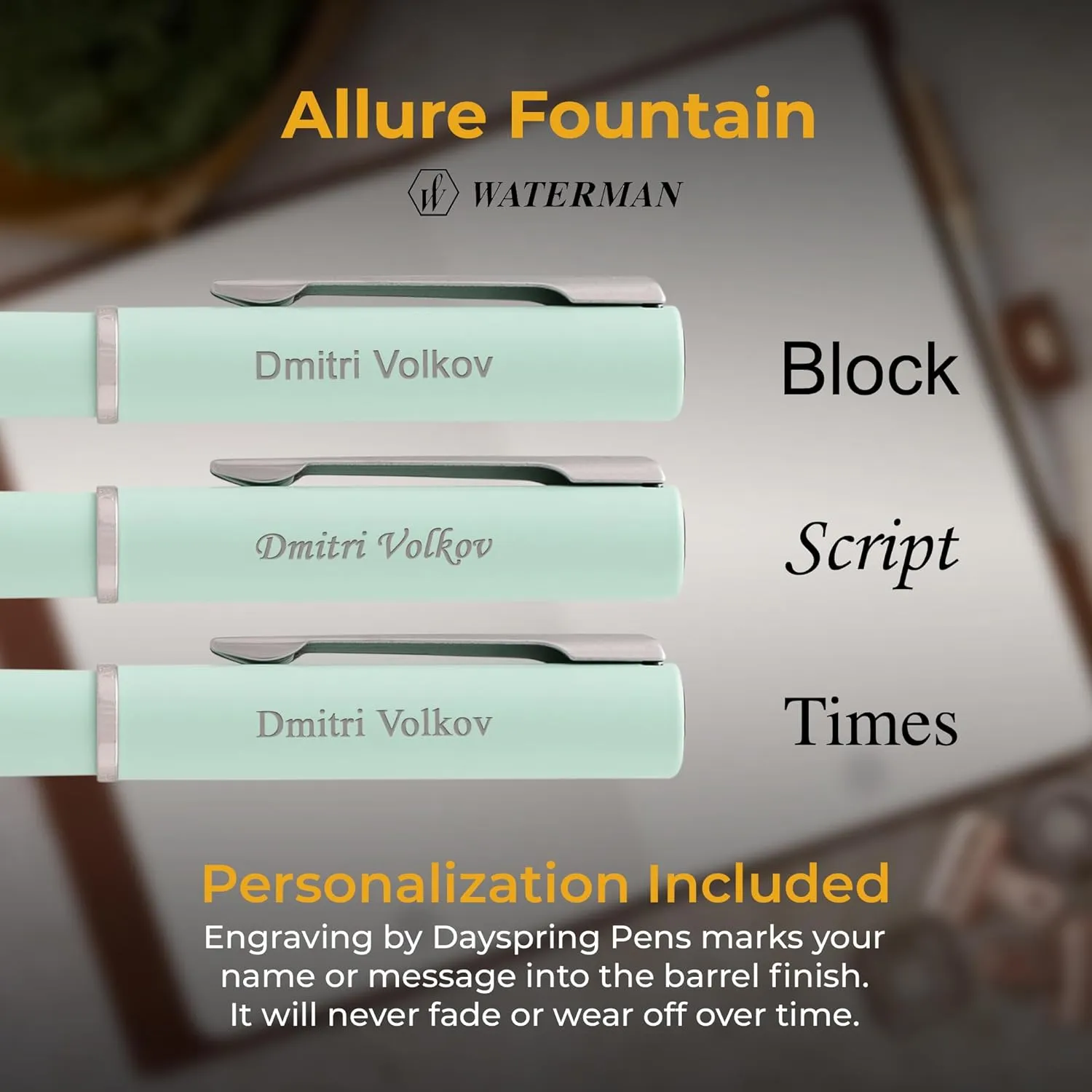Dayspring Pens Personalized Waterman Allure Fountain Pen | Pastel Green with Chrome Trim | Custom Engraved Executive Luxury Pen for Men, Women & Professionals | Refillable | Elegant Gift Box-Blue Ink