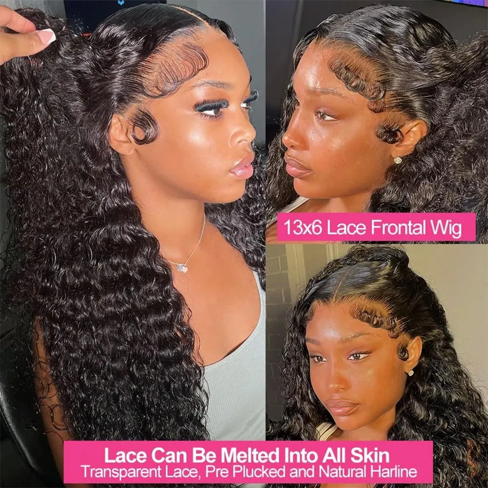 Deep Wave Lace Front Wigs 13x6 HD Transparent Lace Frontal Wig for Black Women 100% Real Curly Human Hair Wigs Pre Plucked with Baby Hair 180% Density (Black, 18 inch)