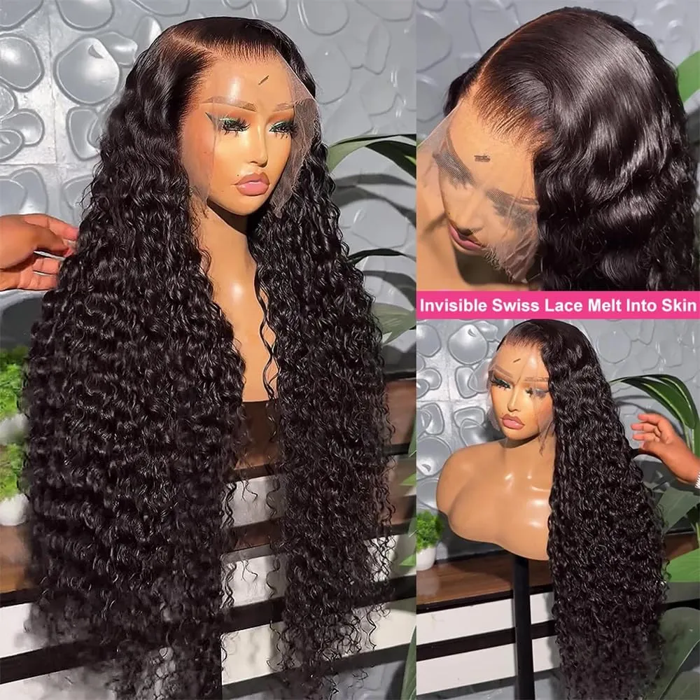 Deep Wave Lace Front Wigs 13x6 HD Transparent Lace Frontal Wig for Black Women 100% Real Curly Human Hair Wigs Pre Plucked with Baby Hair 180% Density (Black, 18 inch)