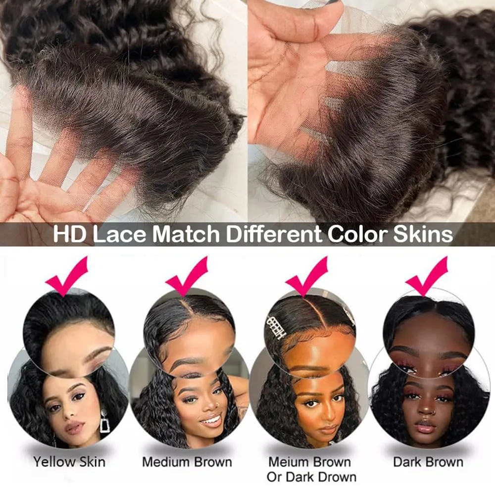 Deep Wave Lace Front Wigs 13x6 HD Transparent Lace Frontal Wig for Black Women 100% Real Curly Human Hair Wigs Pre Plucked with Baby Hair 180% Density (Black, 18 inch)