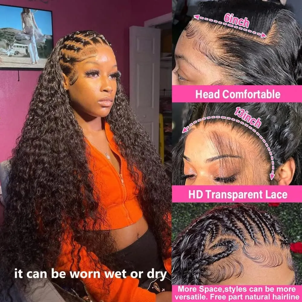 Deep Wave Lace Front Wigs 13x6 HD Transparent Lace Frontal Wig for Black Women 100% Real Curly Human Hair Wigs Pre Plucked with Baby Hair 180% Density (Black, 18 inch)