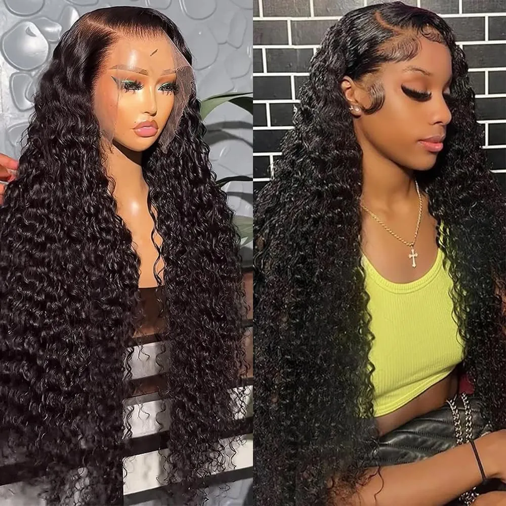 Deep Wave Lace Front Wigs 13x6 HD Transparent Lace Frontal Wig for Black Women 100% Real Curly Human Hair Wigs Pre Plucked with Baby Hair 180% Density (Black, 18 inch)