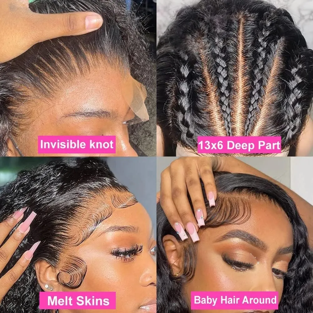 Deep Wave Lace Front Wigs 13x6 HD Transparent Lace Frontal Wig for Black Women 100% Real Curly Human Hair Wigs Pre Plucked with Baby Hair 180% Density (Black, 18 inch)