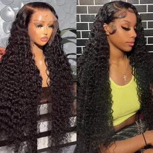 Deep Wave Lace Front Wigs 13x6 HD Transparent Lace Frontal Wig for Black Women 100% Real Curly Human Hair Wigs Pre Plucked with Baby Hair 180% Density (Black, 18 inch)
