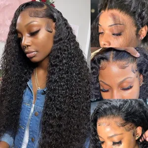 Deep Wave Lace Front Wigs Human Hair Pre Plucked 180 Density 13x4 Curly HD Lace Front Wig Human Hair with Natural Hairline Wet and Wavy Glueless Lace Front Human Hair Wigs for Women (20 Inch)