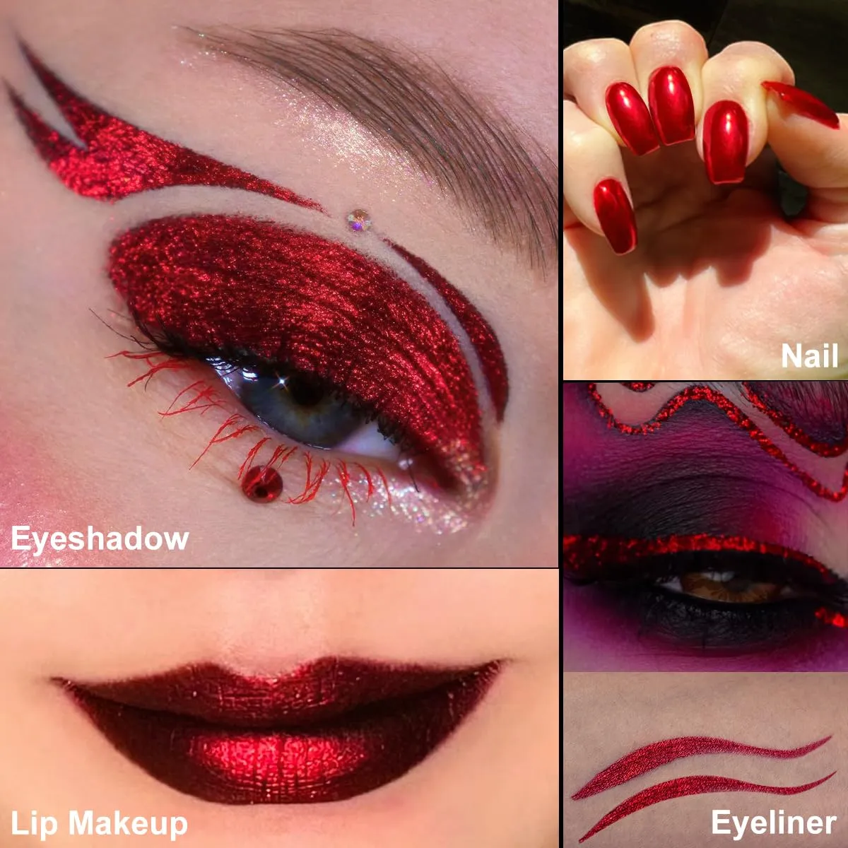 DE'LANCI DE’LANCI Chameleon Red Glitter Eyeshadow Highly Pigmented, Single Metallic Glitter Red Eye Shadow Palette Intense Color Shifting, Chrome True Red Shimmery Glitter Eyes Warm Goth Smoky Makeup