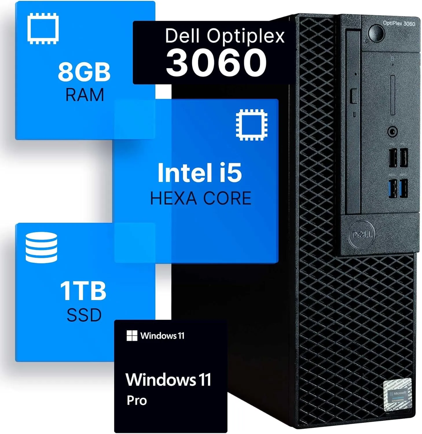 Dell Optiplex 3060 Desktop Computer | Intel i5-8500 (3.2) | 8GB DDR4 RAM | 1TB SSD Solid State | Windows 11 Professional | Home or Office PC (Renewed)