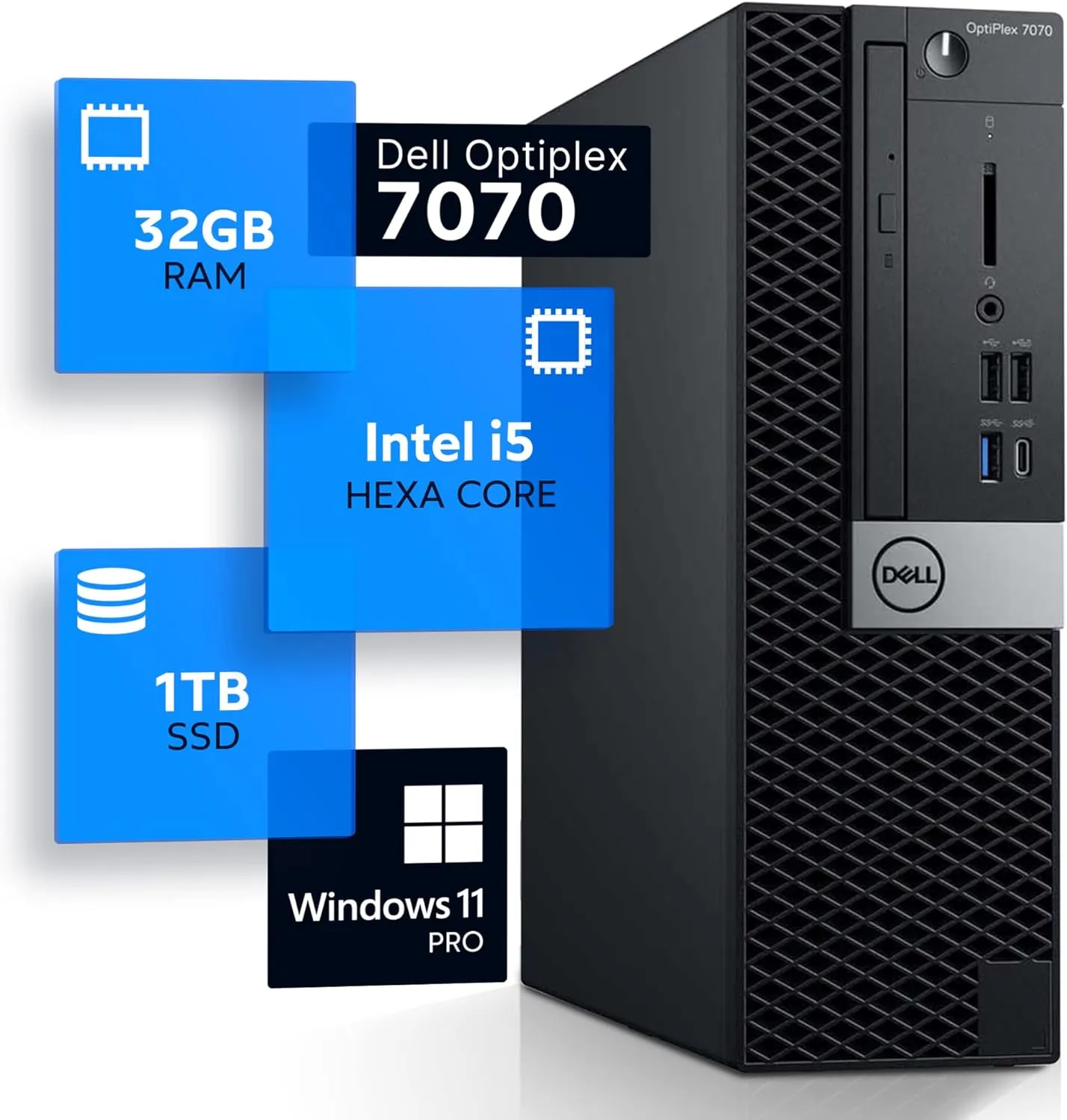 Dell Optiplex 7070 Desktop Computer | Hexa Core Intel i5 (3.2) | 32GB DDR4 RAM | 1TB SSD Solid State | Windows 11 Professional | Home or Office PC (Renewed), Black
