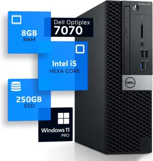 Dell Optiplex 7070 Desktop Computer | Hexa Core Intel i5 (3.2) | 8GB DDR4 RAM | 250GB SSD Solid State | Windows 11 Professional | Home or Office PC, Black (Renewed)