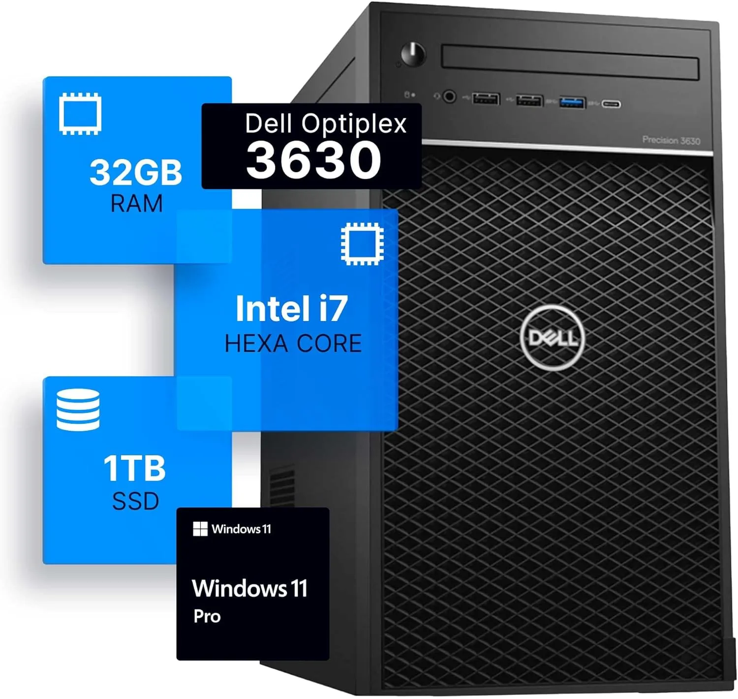 Dell Precision 3630 Tower Desktop Computer | Intel i7-8700 (3.4) | 32GB DDR4 RAM | 1TB SSD Solid State | Windows 11 Professional | Home or Office PC (Renewed)