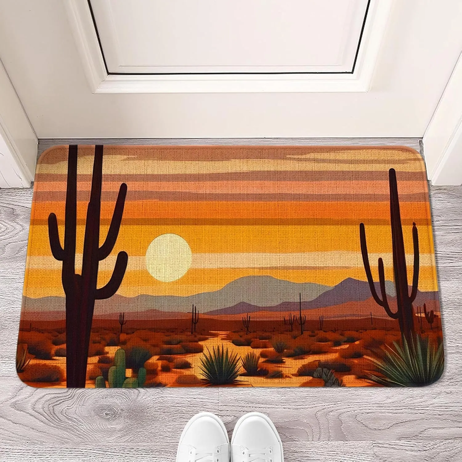 Desert Scenery Cactus Welcome Doormat 30"x17" Indoor/Outdoor Linen Mat with Non-Slip Rubber Backing, Fade-Resistant & Stain-Resistant Printed Design, Perfect for Home Entryway Decor