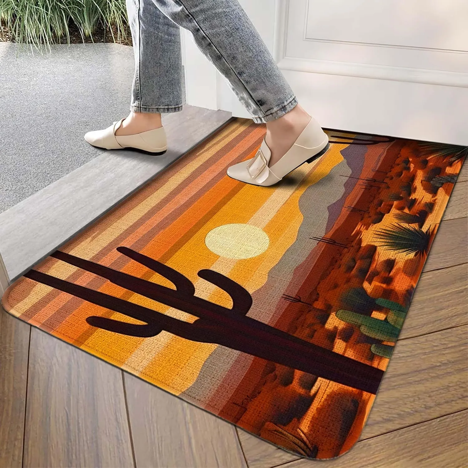 Desert Scenery Cactus Welcome Doormat 30"x17" Indoor/Outdoor Linen Mat with Non-Slip Rubber Backing, Fade-Resistant & Stain-Resistant Printed Design, Perfect for Home Entryway Decor
