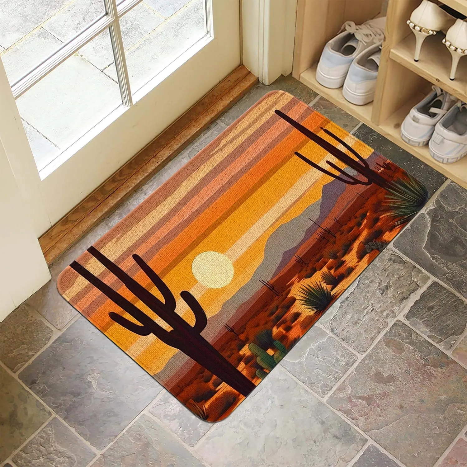 Desert Scenery Cactus Welcome Doormat 30"x17" Indoor/Outdoor Linen Mat with Non-Slip Rubber Backing, Fade-Resistant & Stain-Resistant Printed Design, Perfect for Home Entryway Decor