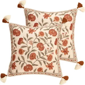 Design Linen Square Vintage Throw Pillow Covers 18"x18" Pack of 2, Brick Red Cushion Covers with Orange Floral Green Leaves Pattern Decoration Pillowcases for Bed,Living Room,Outdoor,Car