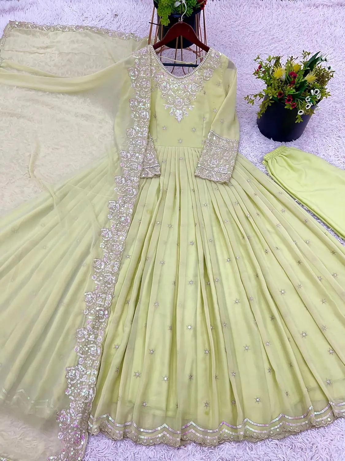 Designer Party Wear Gown in Heavy Georgette with Embroidery & Rembo Sequence Work | Fully Stitched with Dupatta