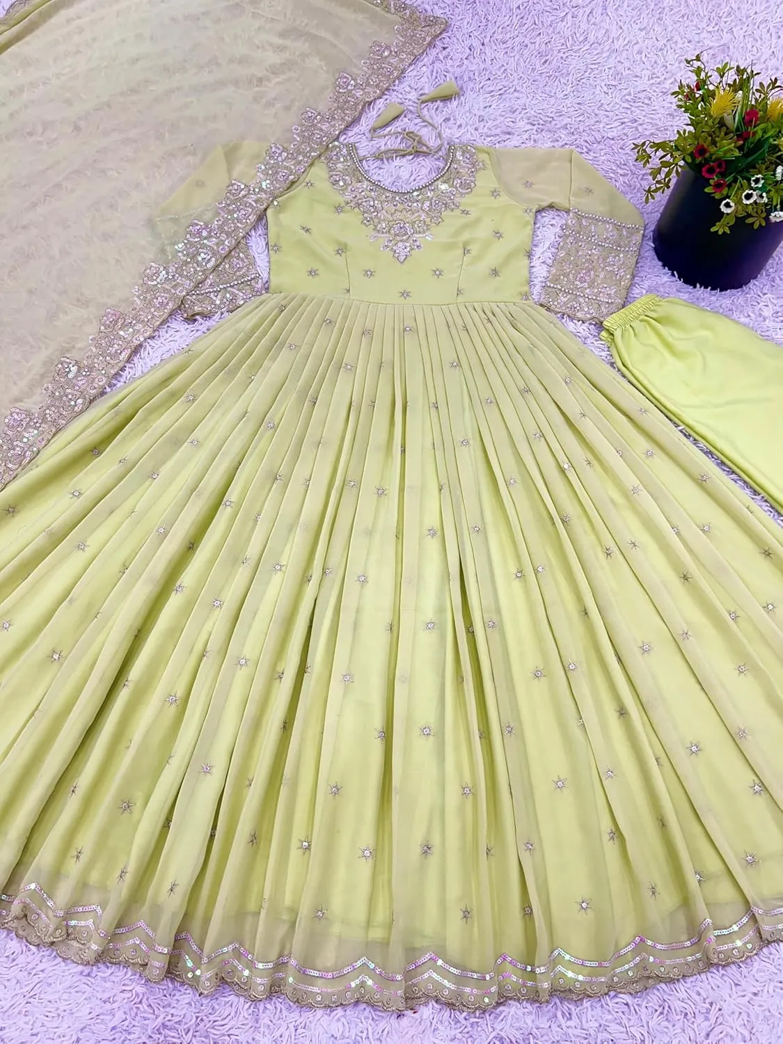Designer Party Wear Gown in Heavy Georgette with Embroidery & Rembo Sequence Work | Fully Stitched with Dupatta
