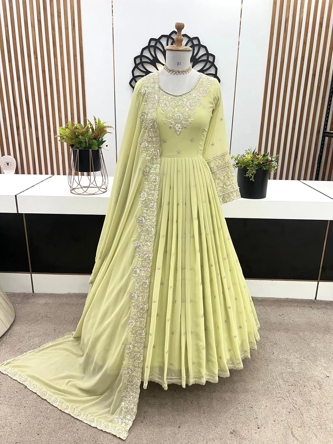 Designer Party Wear Gown in Heavy Georgette with Embroidery & Rembo Sequence Work | Fully Stitched with Dupatta