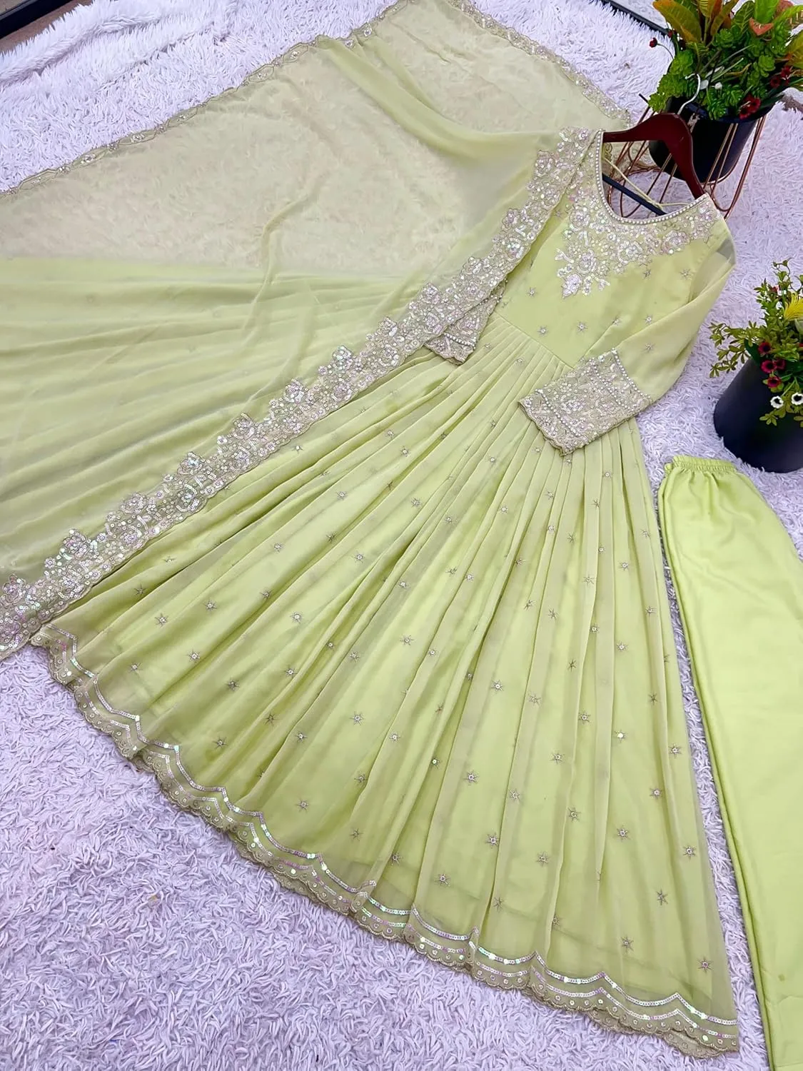 Designer Party Wear Gown in Heavy Georgette with Embroidery & Rembo Sequence Work | Fully Stitched with Dupatta