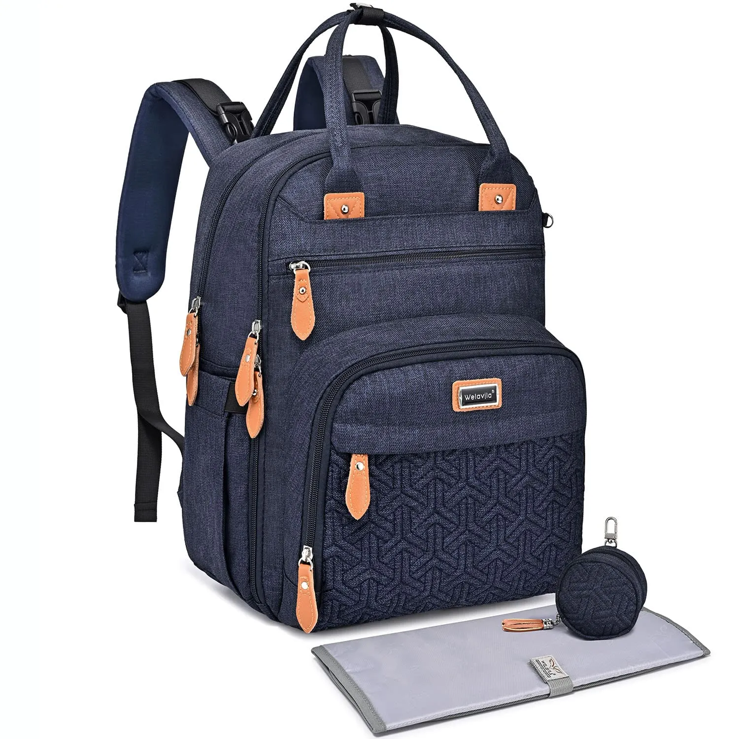 Diaper Bag Backpack, Unisex Baby Bags with Changing pad, Insulated Pockets & Pacifier Holder for Boys Girls, WELAVILA Large Multifunction Travel Back Pack for Mom & Dad, Navy Blue