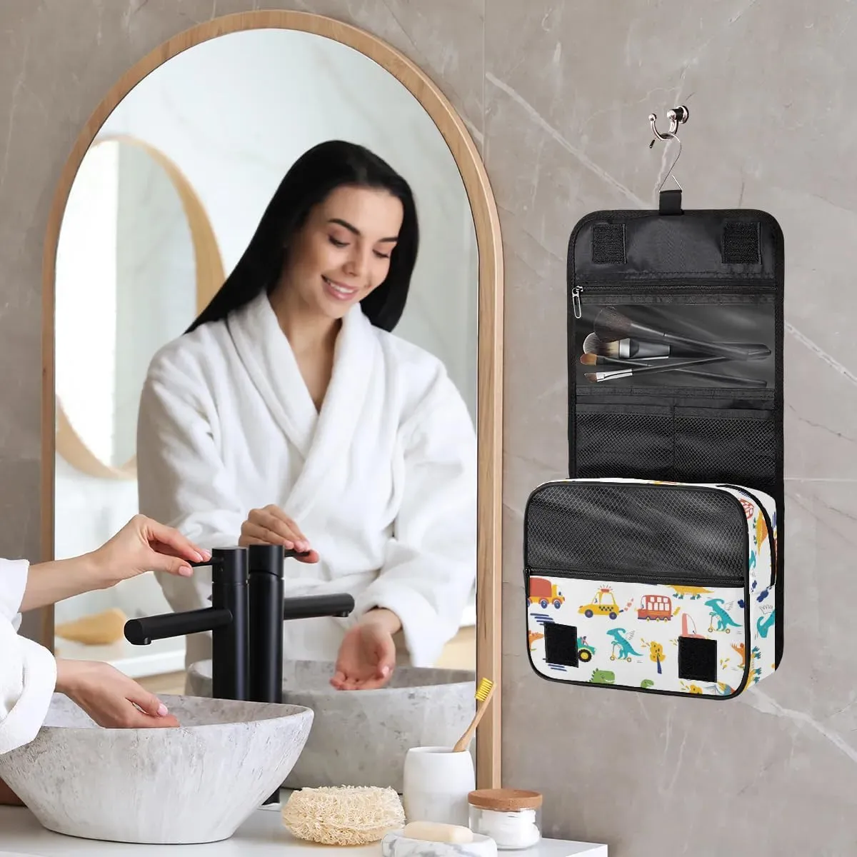 Dinosaur Car Hanging Travel Toiletry Bag - Waterproof Organizer Makeup Bag with Sturdy Hook, Toiletries Portable Cosmetic Bag, Large Capacity Toiletry Kit for Boy Girl