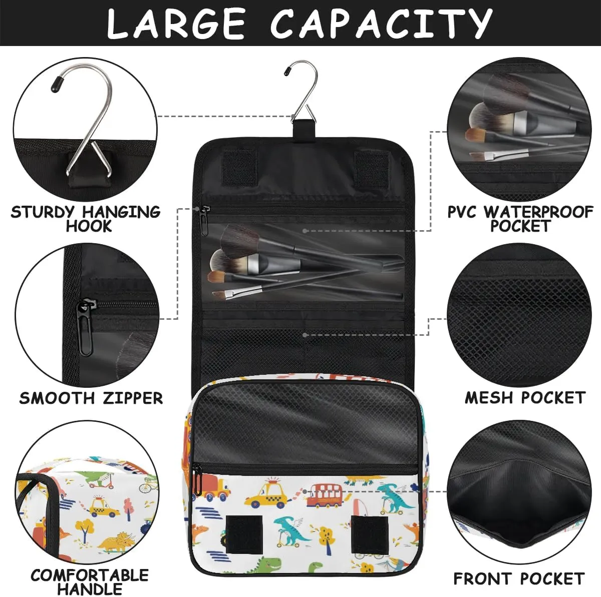 Dinosaur Car Hanging Travel Toiletry Bag - Waterproof Organizer Makeup Bag with Sturdy Hook, Toiletries Portable Cosmetic Bag, Large Capacity Toiletry Kit for Boy Girl