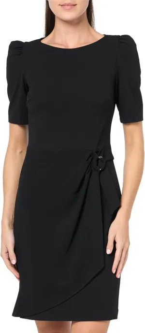 DKNY Sleeveless Scuba Crepe Faux Wrap with Logo Hardware