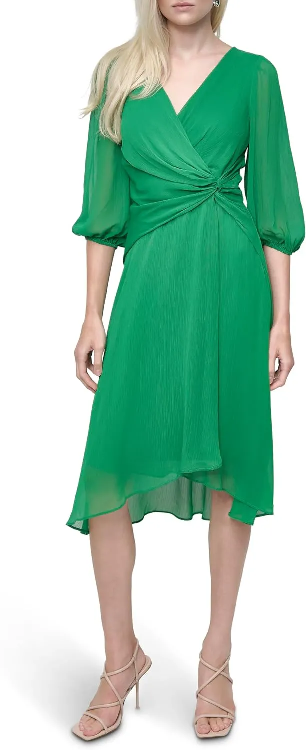 DKNY womens Chiffon 3/4 Sleeve Faux Wrap Dress