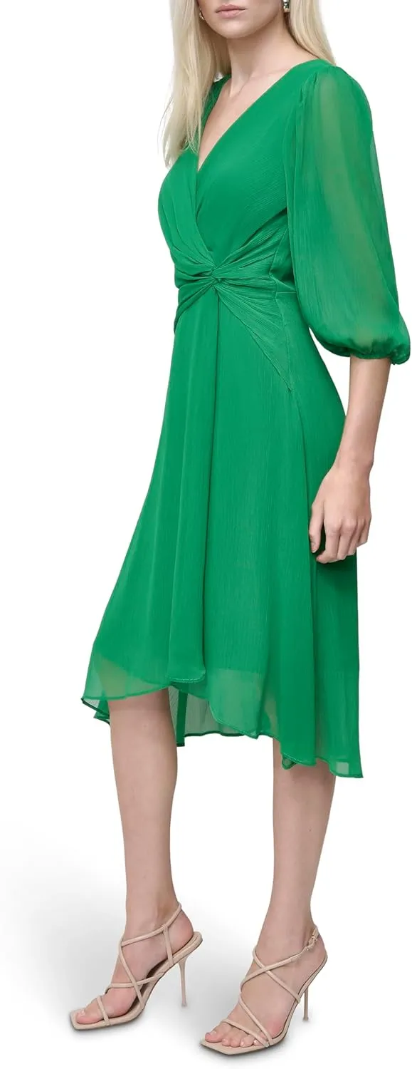 DKNY womens Chiffon 3/4 Sleeve Faux Wrap Dress