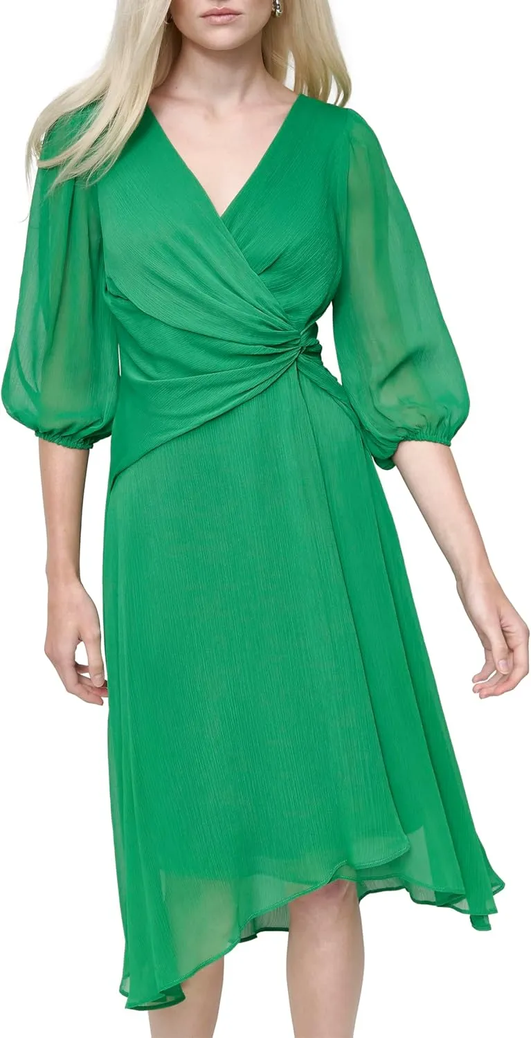 DKNY womens Chiffon 3/4 Sleeve Faux Wrap Dress