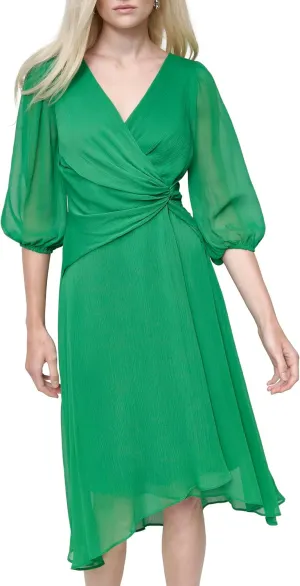 DKNY womens Chiffon 3/4 Sleeve Faux Wrap Dress