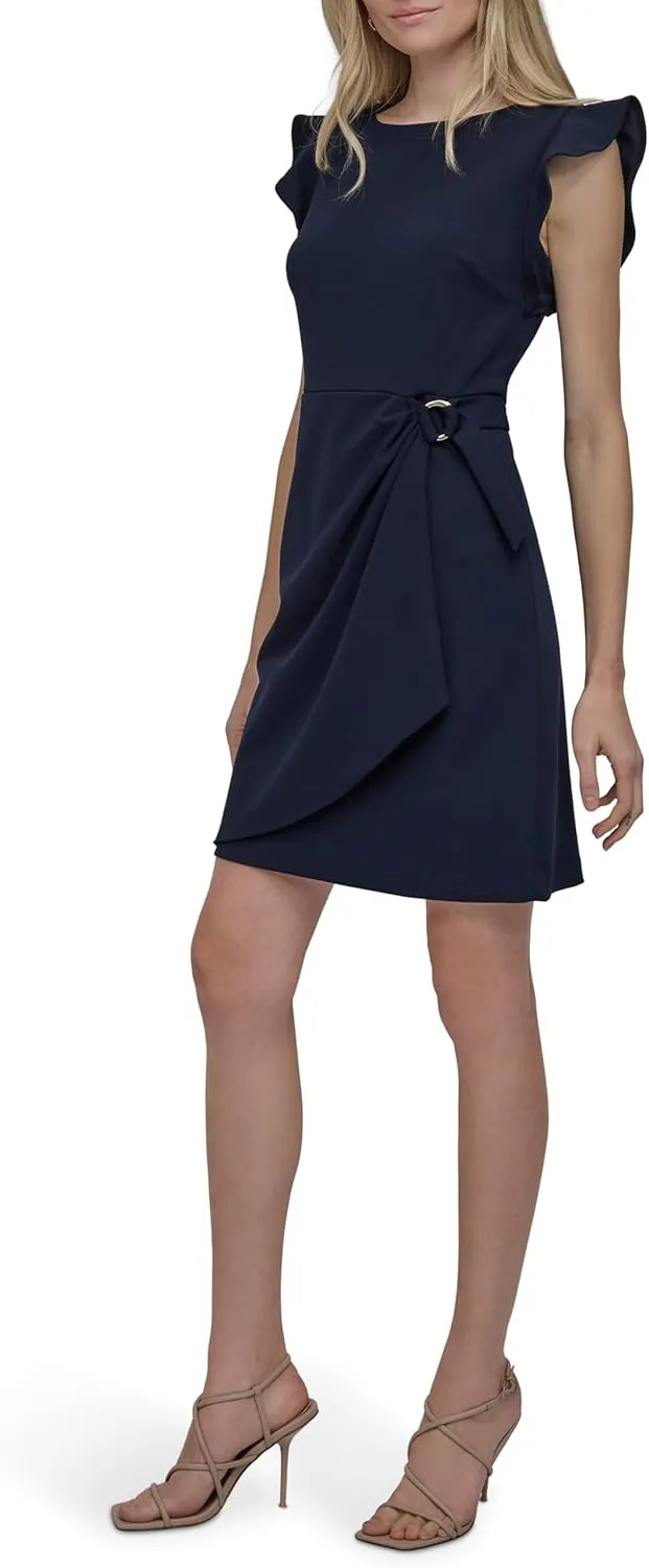 DKNY Women's Flutter Sleeve Faux Wrap Dress with Hardware