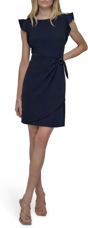 DKNY Women's Flutter Sleeve Faux Wrap Dress with Hardware