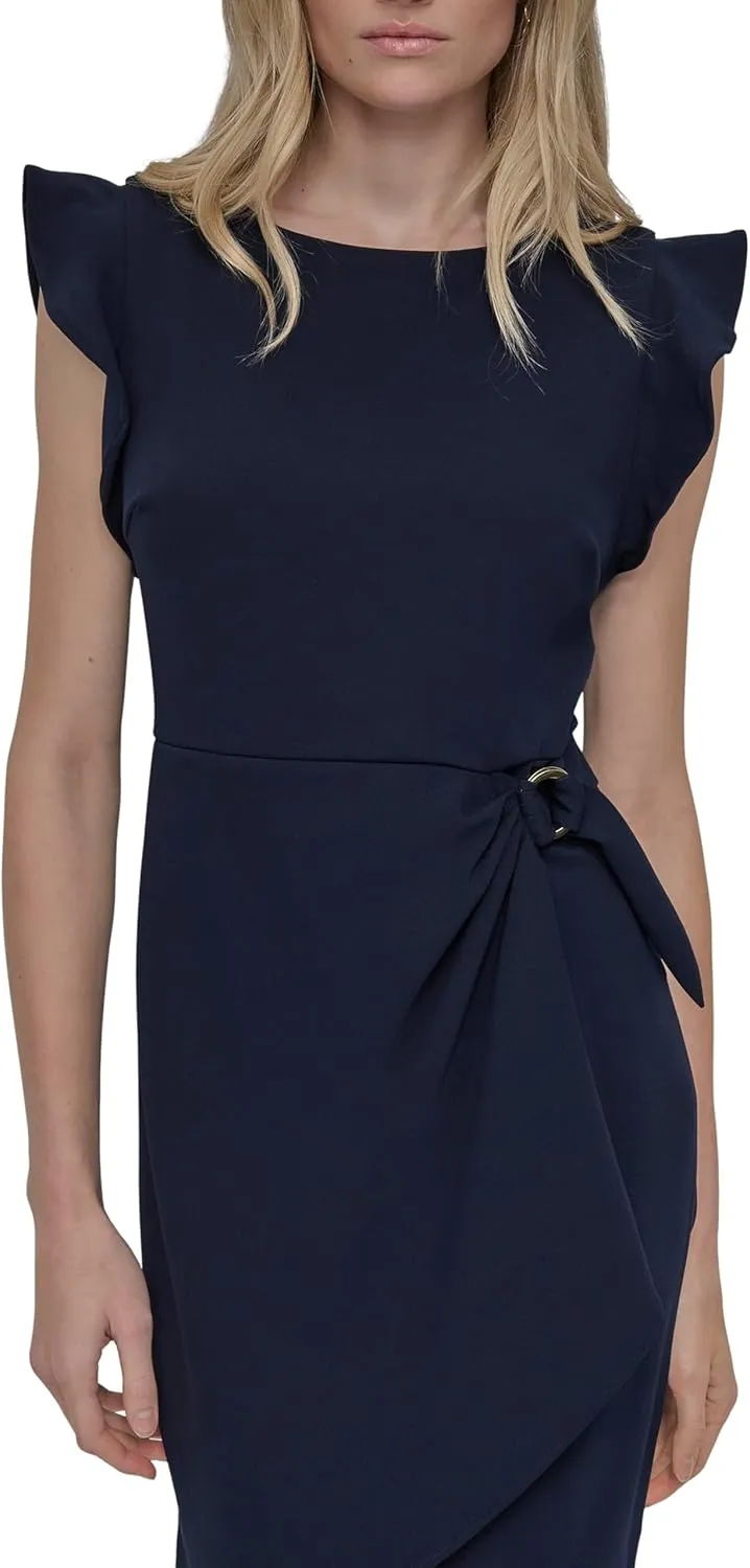 DKNY Women's Flutter Sleeve Faux Wrap Dress with Hardware
