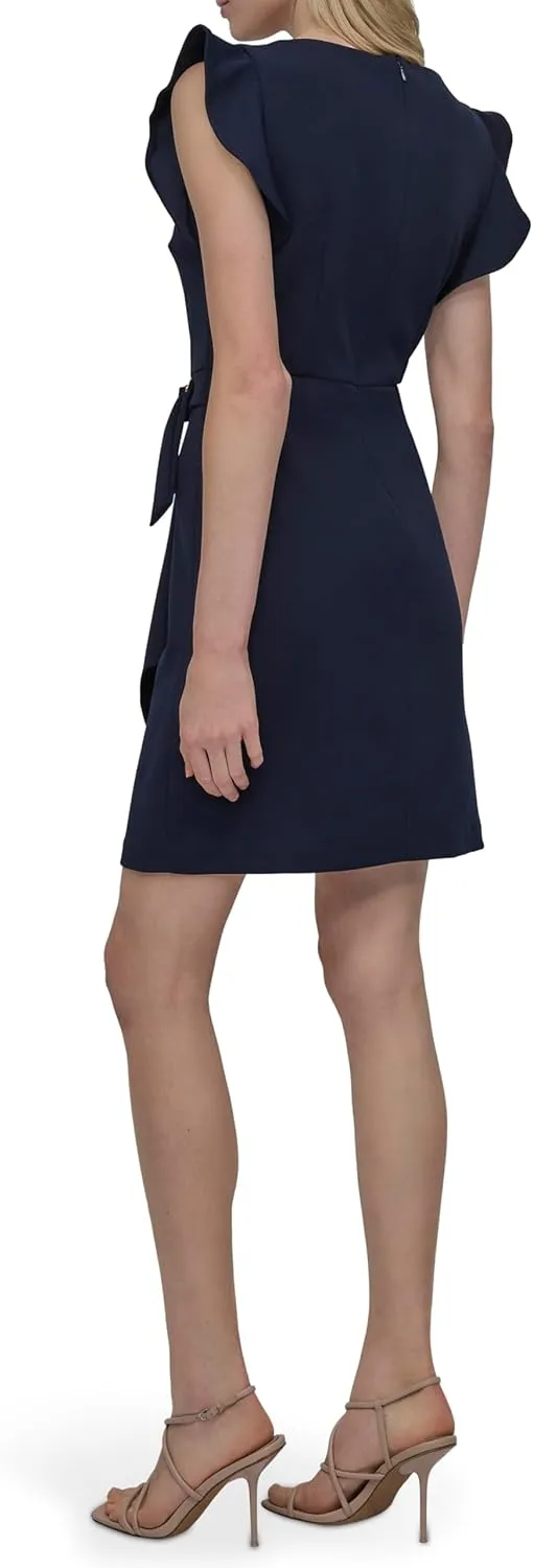 DKNY Women's Flutter Sleeve Faux Wrap Dress with Hardware
