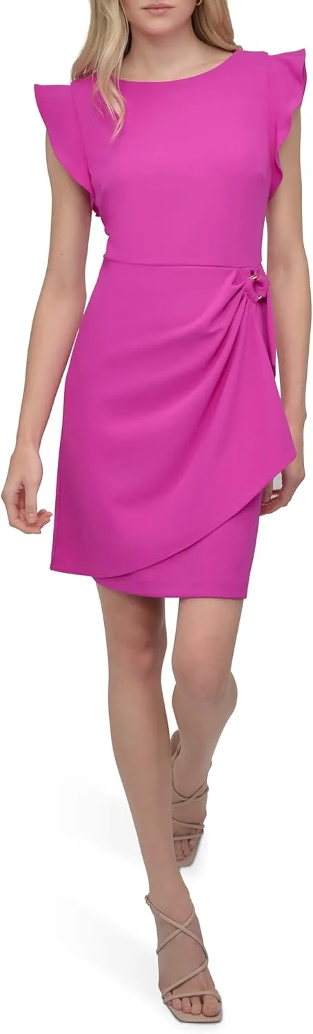 DKNY Women's Flutter Sleeve Faux Wrap with Hardware