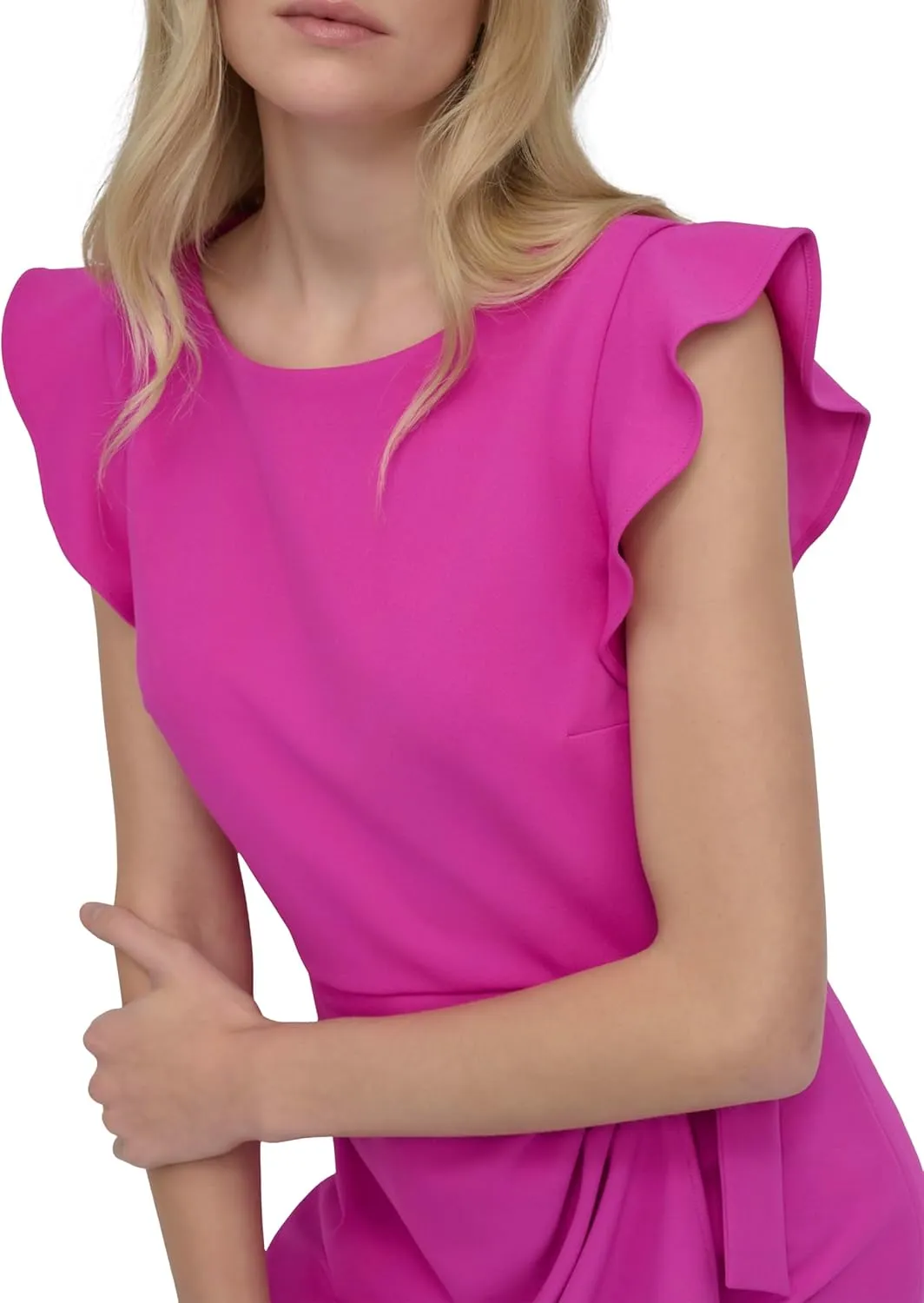 DKNY Women's Flutter Sleeve Faux Wrap with Hardware