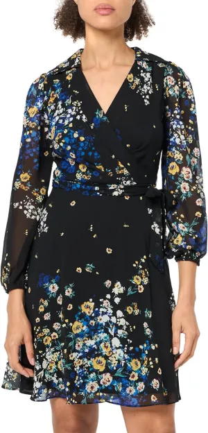 DKNY womens Long Sleeve Faux Wrap Dress