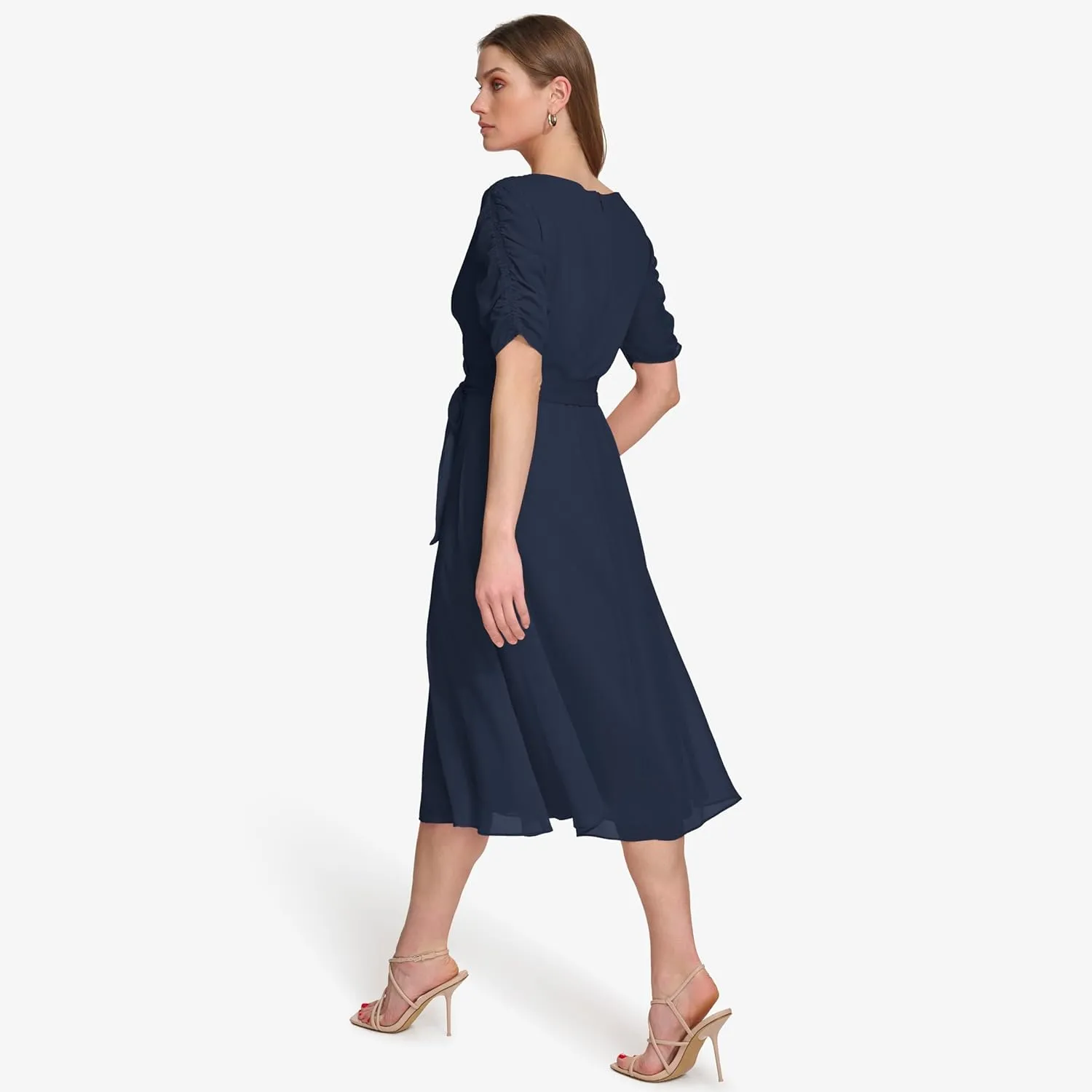 DKNY womens Short Sleeve Faux Wrap Midi Dress