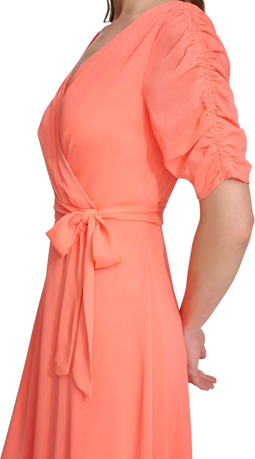 DKNY womens Short Sleeve Faux Wrap Midi Dress