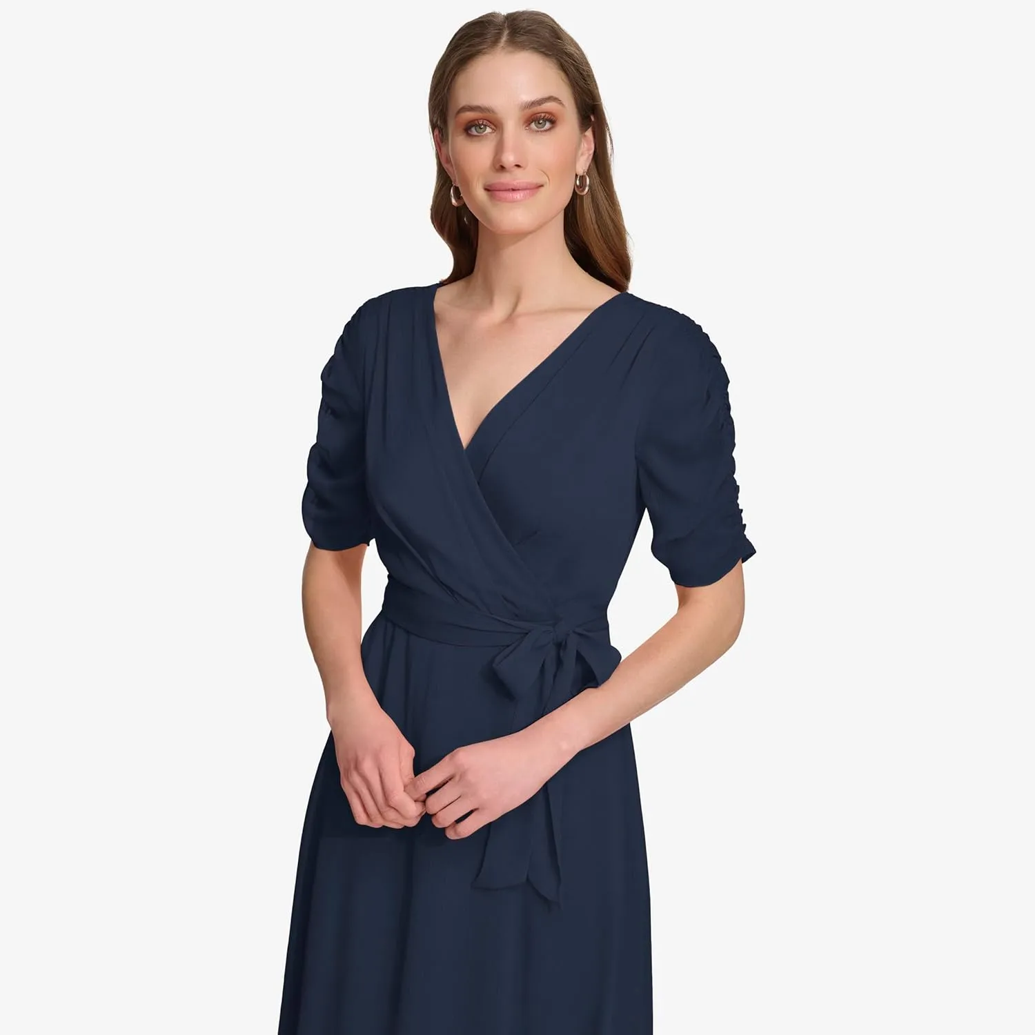 DKNY womens Short Sleeve Faux Wrap Midi Dress