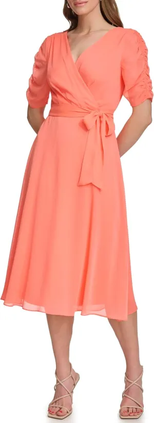 DKNY womens Short Sleeve Faux Wrap Midi Dress