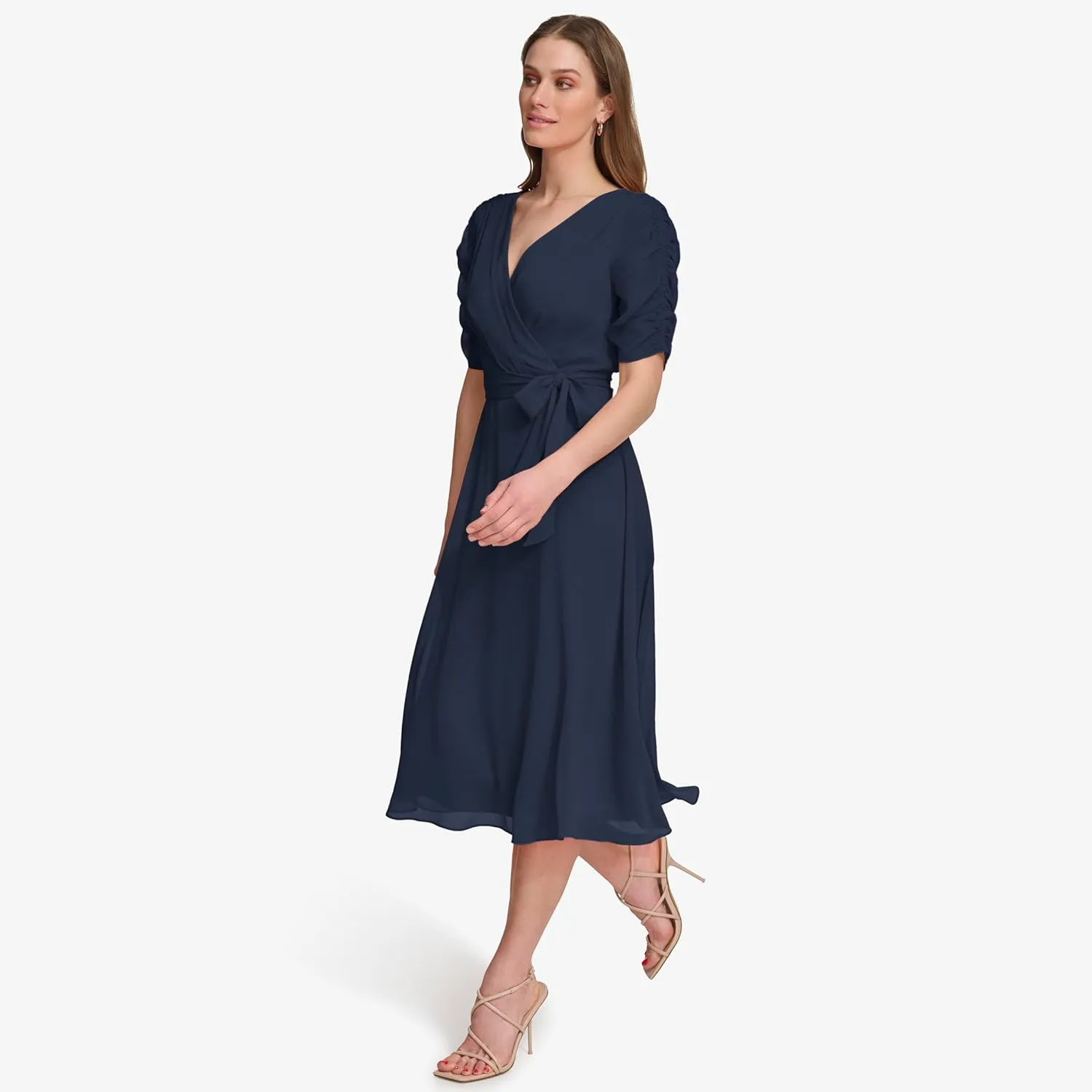 DKNY womens Short Sleeve Faux Wrap Midi Dress