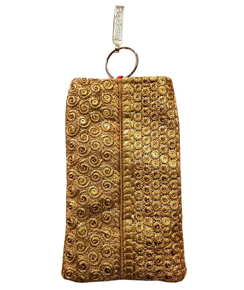 DMS RETAIL Golden Ethnic Jardosh Printed Work Embroidered Mobile Pouch for Women with Waist Clip and Belt