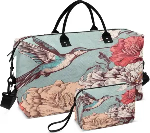 DOMIKING Hummingbirds Flowers Cyan Travel Duffle Bag Foldable Weekender Overnight Bags for Women Men Carry On Gym Bag Personal Item Travel Bag with Toiletry Bag for Women Sports Weekend, 2 Pcs