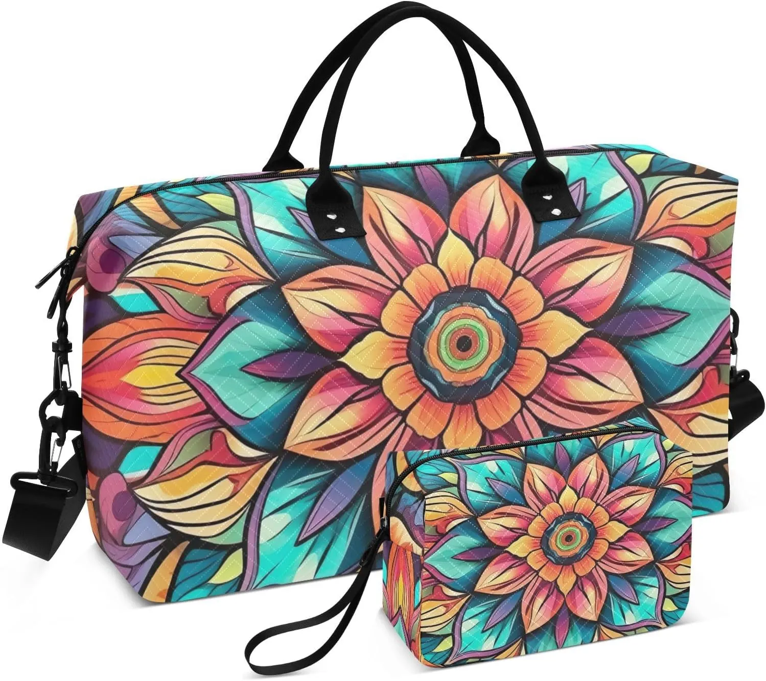 DOMIKING Teal Ceramic Talavera Travel Duffle Bag Foldable Weekender Overnight Bags for Women Men Carry On Gym Bag Personal Item Travel Bag with Toiletry Bag for Travel Men Business, 2 Pcs