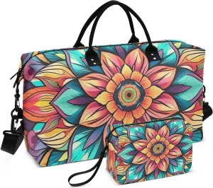DOMIKING Teal Ceramic Talavera Travel Duffle Bag Foldable Weekender Overnight Bags for Women Men Carry On Gym Bag Personal Item Travel Bag with Toiletry Bag for Travel Men Business, 2 Pcs