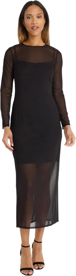 Donna Morgan Women's Long Sleeve Midi Sheer Mesh Overlay, Perfect Cocktail, Going Out, Birthday, Or Date Night Dress