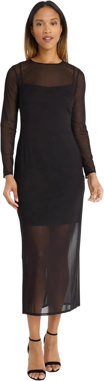 Donna Morgan Women's Long Sleeve Midi Sheer Mesh Overlay, Perfect Cocktail, Going Out, Birthday, Or Date Night Dress