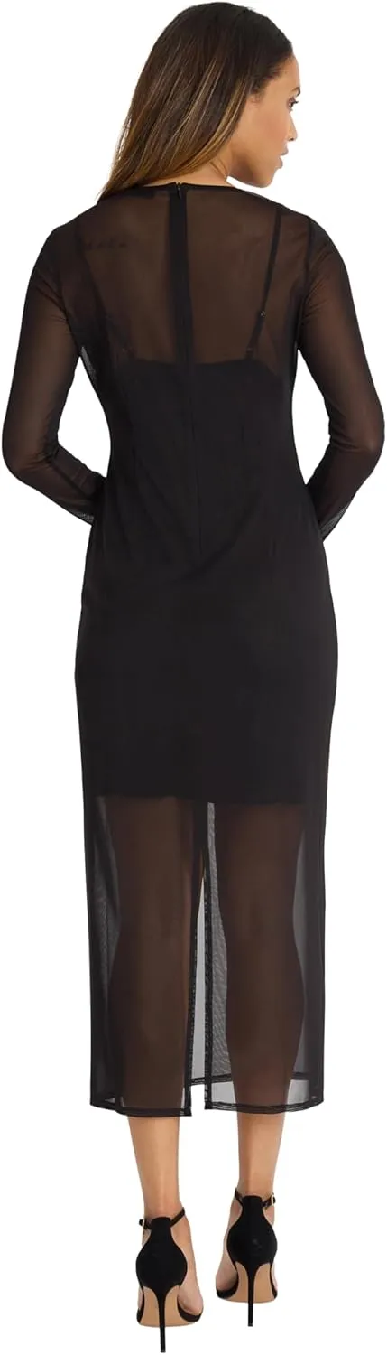 Donna Morgan Women's Long Sleeve Midi Sheer Mesh Overlay, Perfect Cocktail, Going Out, Birthday, Or Date Night Dress